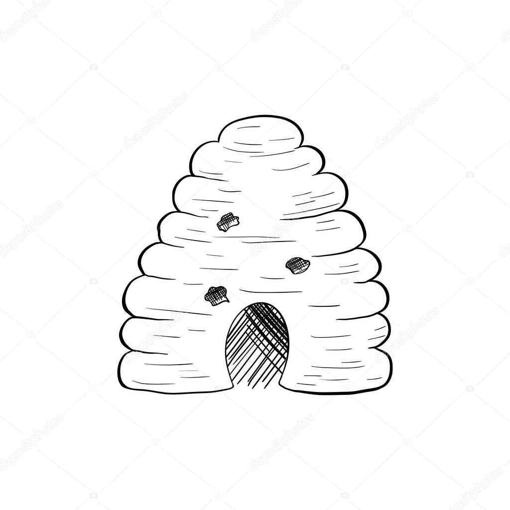Honey Sketch Bee Hive Isolated Vector Illustration for Logo Design or Poster with Wasp and Lettering