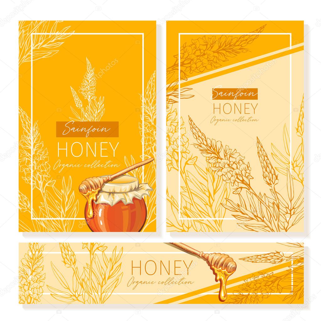 Sainfoin Honey Print Template. Yellow and Orange Banners for Thanksgiving Holiday or Packaging Brand Identity. Vector Illustration