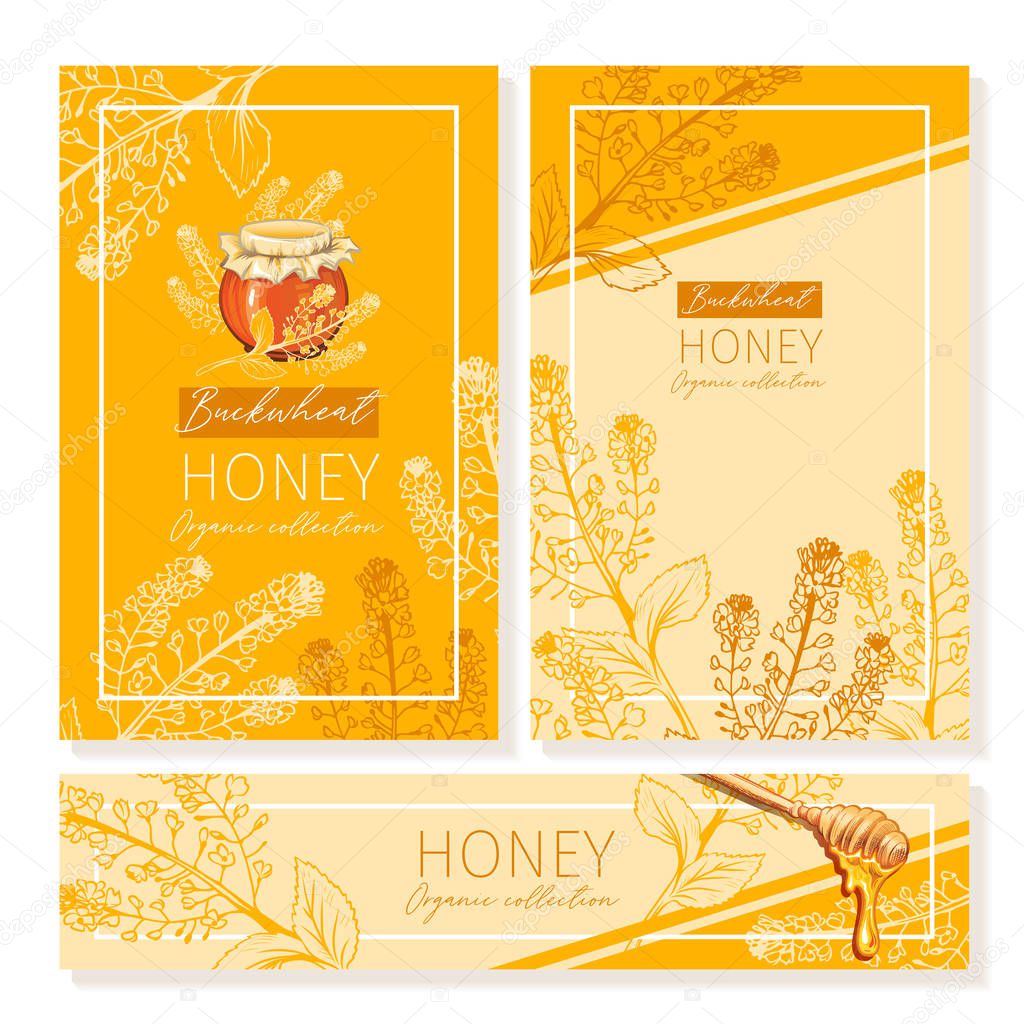 Buckwheat Honey Print Template. Yellow and Orange Banners for Thanksgiving Holiday or Packaging Brand Identity. Vector Illustration