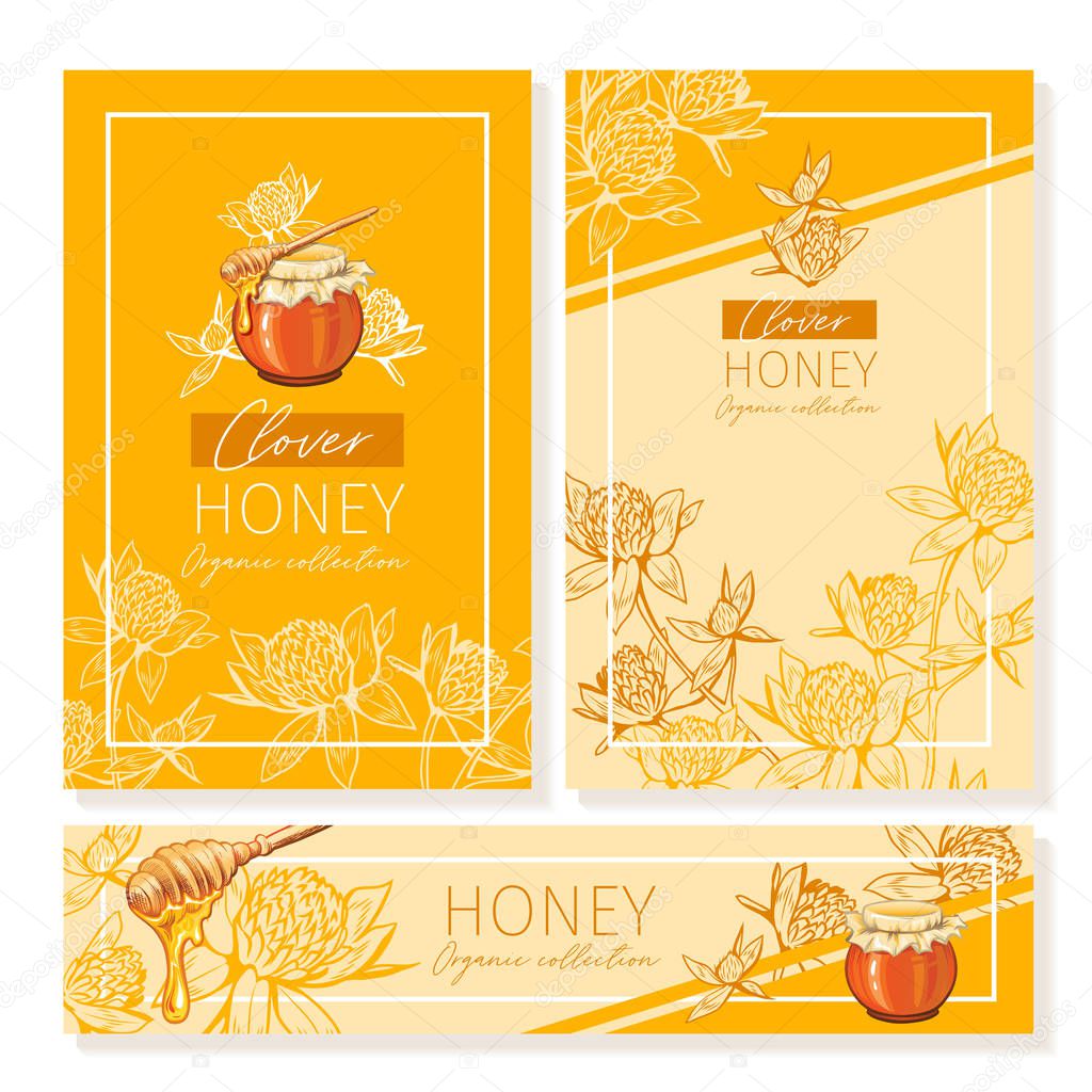 Clover Honey Print Template. Yellow and Orange Banners for Thanksgiving Holiday or Packaging Brand Identity. Vector Illustration