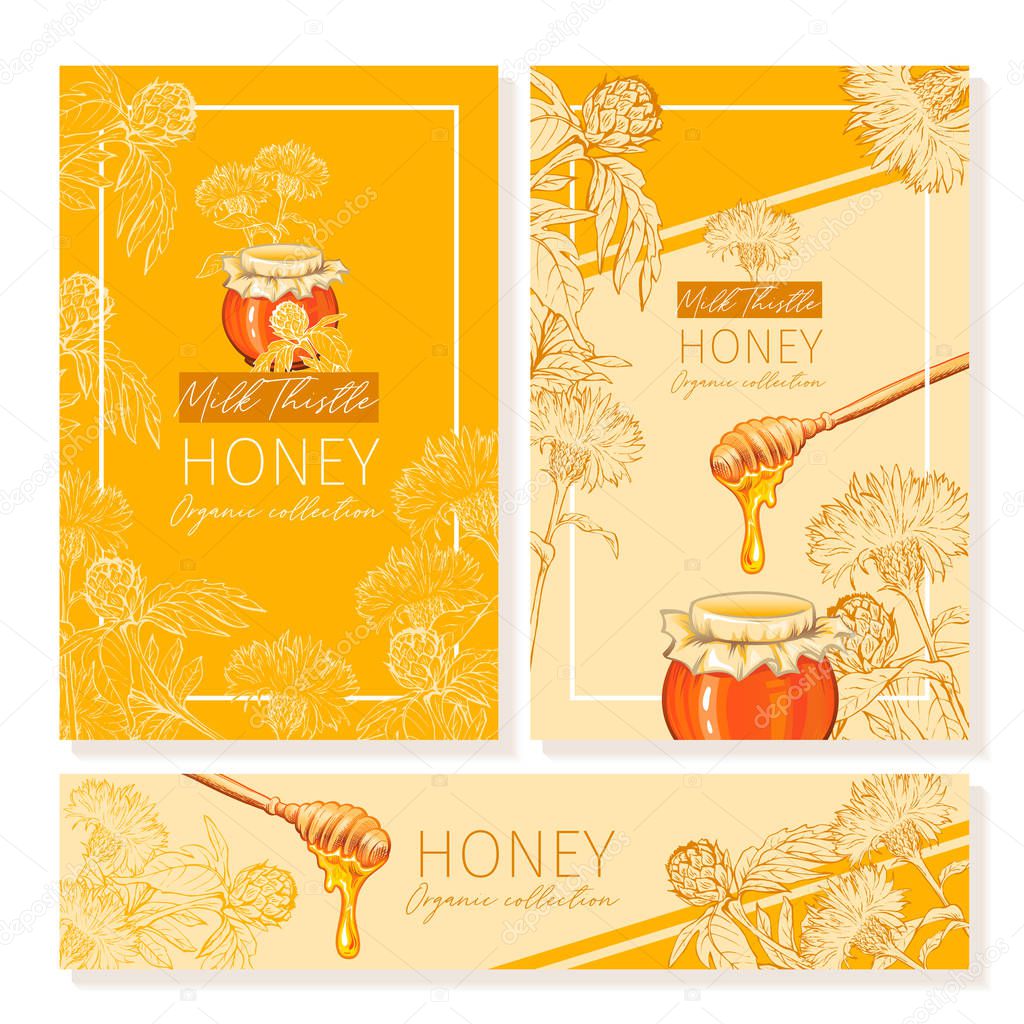 Honey vintage banners design. Engraved Milk Thistle honey flower with glass honey jar and drop. Hand drawn orange logo templates set. Sketch printable poster for branding or layout design
