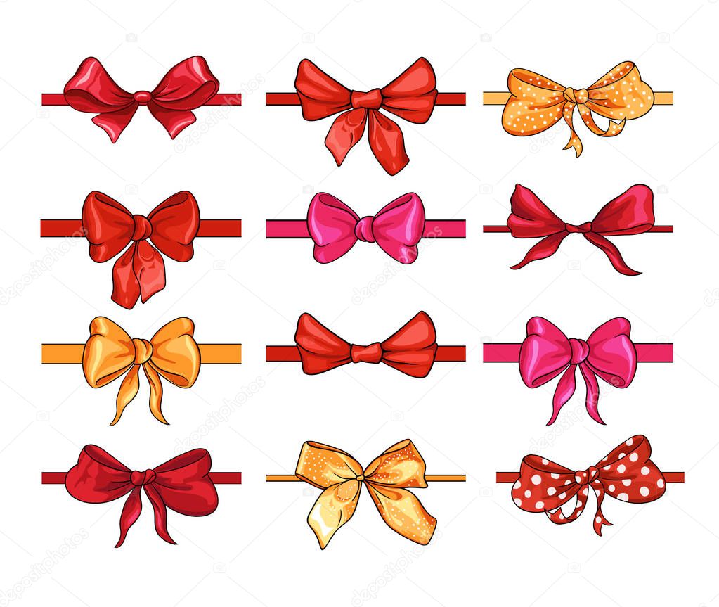 Bow for hair decor flat vector illustrations set. Red, pink, yellow ribbons isolated on white background. Polka dot bowknot, trendy girls accessories. Cute vintage hairstyle elements collection