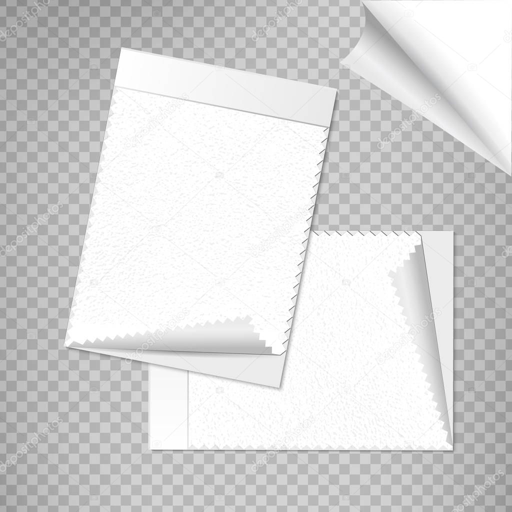 Two Fashion Samples swatches. Vector Realistic Mockup with Blank Copy Space. Clear Paper Peel Page. Turned Paper Fold Corner