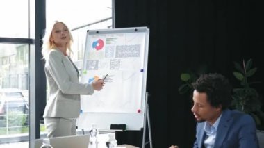 Çekici patron çok kültürlü meslektaşlarına bilgi grafiklerini gösteriyor