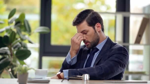 Tired Businessman Drinking Coffee Office — Stockvideo