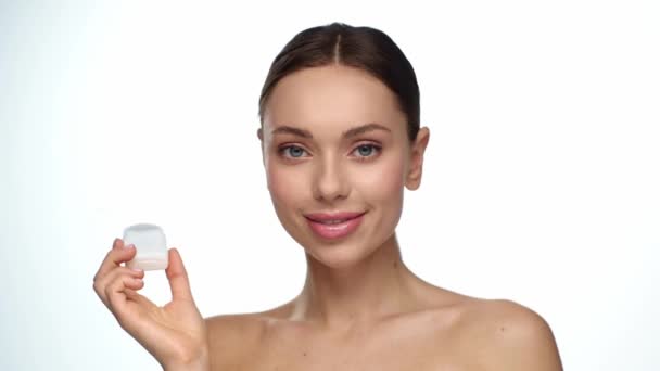 Woman Holding Toothbrush Dental Floss Isolated White — ストック動画