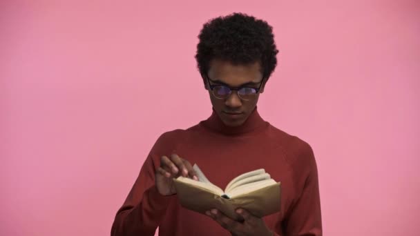 African American Teenager Reading Book Isolated Pink — Stock Video
