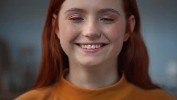 Cheerful Redhead Teenage Girl Smiling Camera — Stockvideo