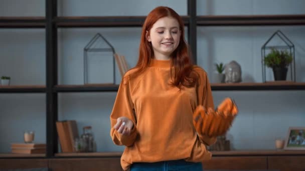 Happy Teenage Girl Baseball Glove Playing Ball — Stockvideo
