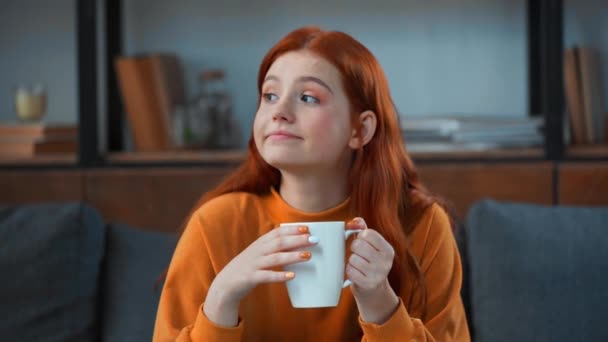 Dreamy Positive Teenage Girl Drinking Tea — Stock Video