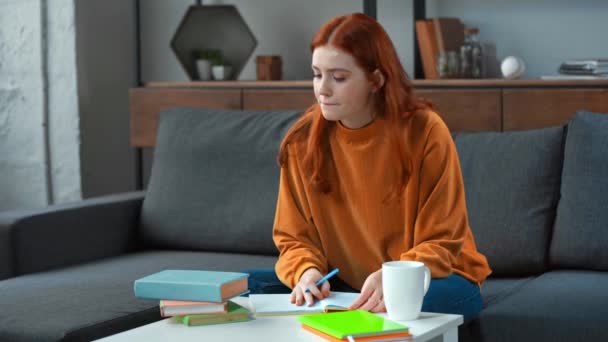 Attentif Rousse Adolescent Fille Faire Des Devoirs — Video