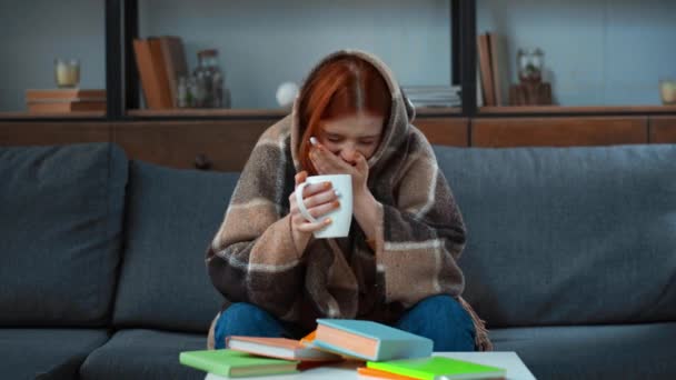 Diseased Teenage Girl Sneezing While Drinking Tea — Stockvideo