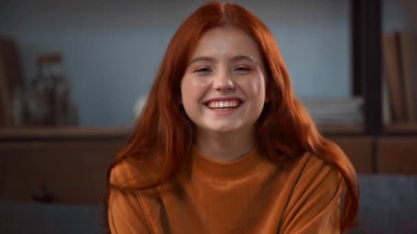 Cheerful Redhead Teenage Girl Laughing Camera — Stockvideo