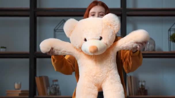 Happy Teenage Girl Having Fun Big Teddy Bear — Stock Video