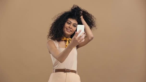 Cheerful Racial Woman Taking Selfie Isolated Beige — Stock Video