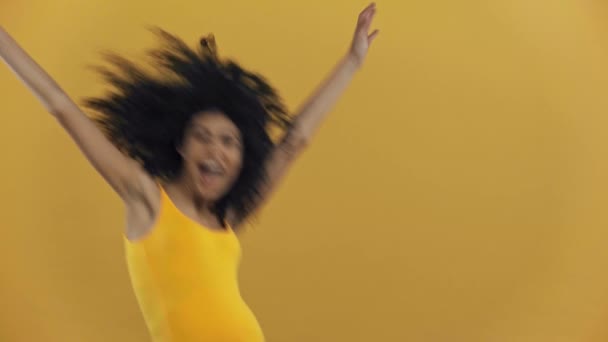 Happy Racial Pregnant Woman Jumping Isolated Dark Yellow — Stock Video