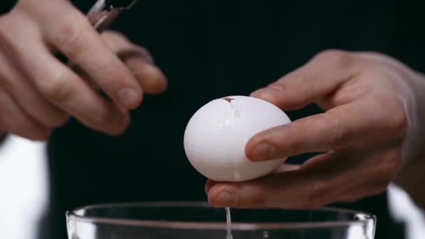 Slow Motion Man Breaking Egg Knife — Stockvideo