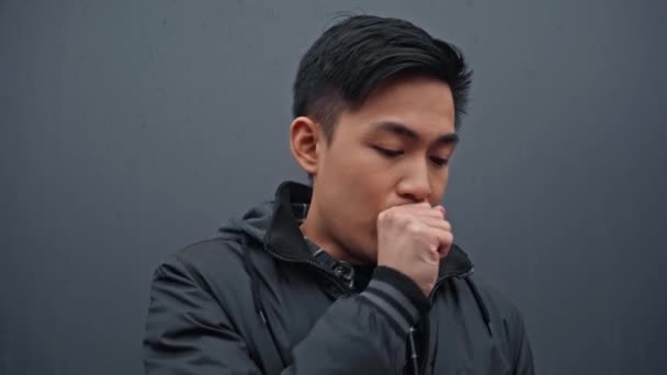 Young Asian Man Coughing Grey — Stock Video