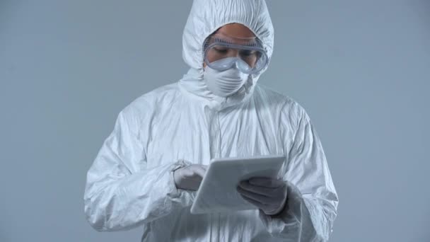 Asian Scientist Using Digital Tablet Isolated Grey — Stock Video