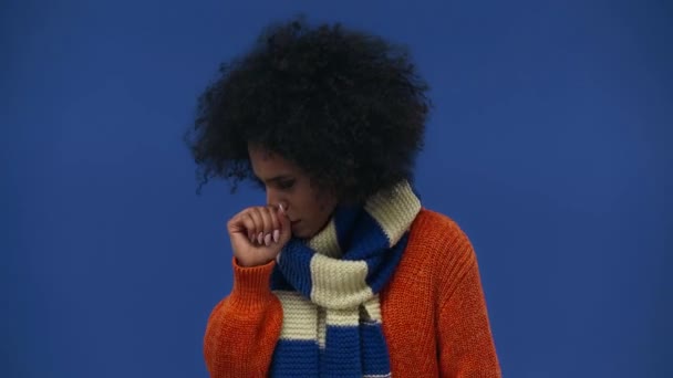 Menina Afro Americana Tosse Espirros Isolados Azul — Vídeo de Stock