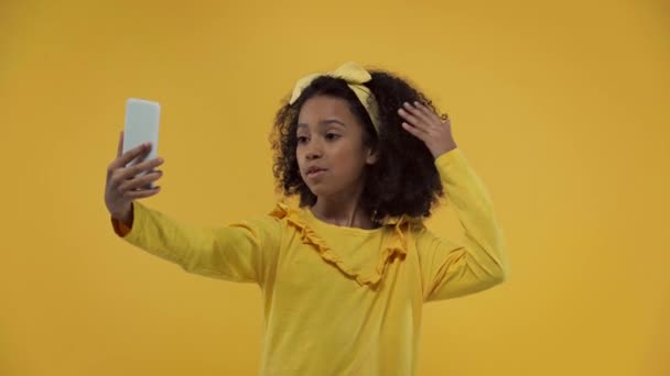 Cute African American Kid Having Video Call Isolated Yellow — ストック動画