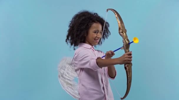 African American Kid Angel Wings Crossbow Isolated Blue — Stok video