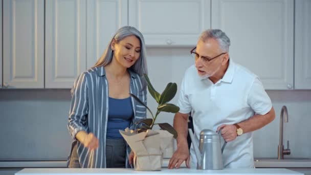 Happy Senior Interracial Couple Green Plant — Stock Video