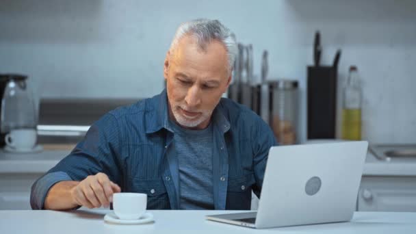 Senior Man Remote Working Drinking Coffee — Stock Video