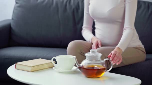 妊娠中の女がコーヒーテーブルの上で本の近くでお茶を飲んでいる様子 — ストック動画