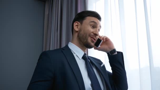 Cheerful Businessman Suit Talking Smartphone — Stock Video