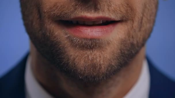 Mavi Üzerine Izole Edilmiş Kameraya Gülümseyen Bir Adam Görüntüsü — Stok video