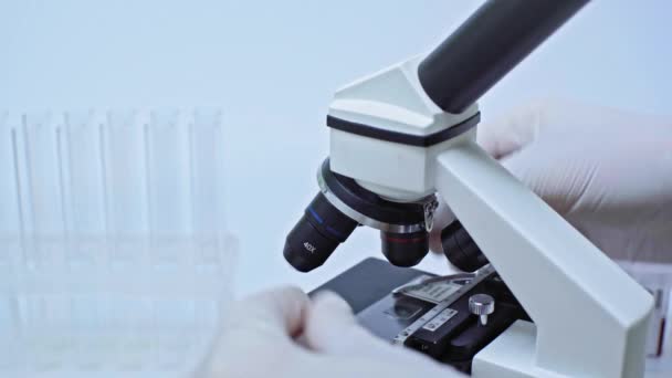 Cropped View Scientist Researching Vaccine Microscope — Stock Video