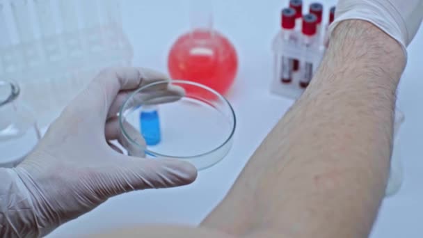 ペトリ皿に血滴を追加する科学者のクロップドビュー — ストック動画