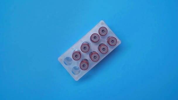 Top View Doctor Taking Test Tubes Blood Samples Blue Background — Stock Video
