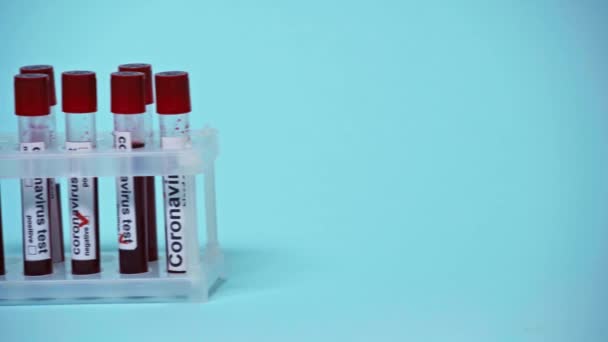 Reagenzgläser Mit Coronavirus Test Schriftzug Auf Blau — Stockvideo