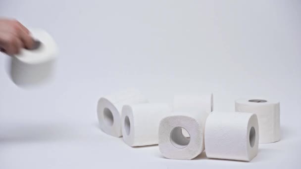 Cropped View Man Taking Paper Rolls White — Stock Video
