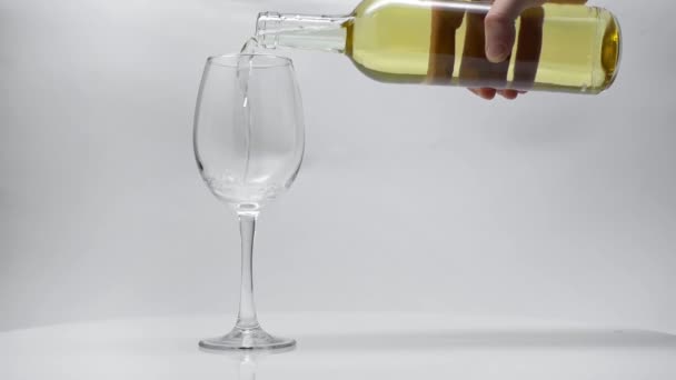 Cámara Lenta Del Hombre Que Vierte Vino Blanco Botella Cristal — Vídeos de Stock