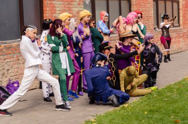 Kyiv, Ukrayna - 22 Eylül 2019. Comic Con Ukrayna Festivali. Süper kahraman kostümü giymiş oyuncular. Çizgi roman festivali. Cosplay Marvel, Avengers, Oyunlar, Dc, Anime