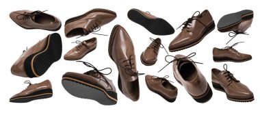 Set of brown patent leather shoes in different positions and angles isolated on white background. Banner. Flying or levitating objects. Women's fashion shoes concept. clipart