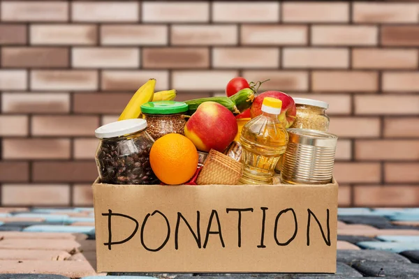 Donation Box Food Open Cardboard Box Oil Canned Food Cereals — Stock Photo, Image
