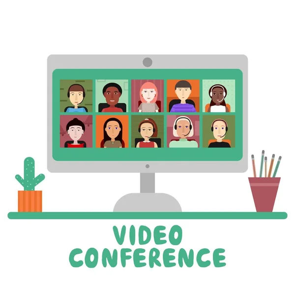Video konferansı. Düz vektör çizimi. Bilgisayar ekranındaki insanlar. Çok uluslu işçiler. Web konferansı. Giyin. Canlı yayın. Çevrimiçi görüşme mesafesi. İletişim konsepti. Beyazda izole edilmiş.