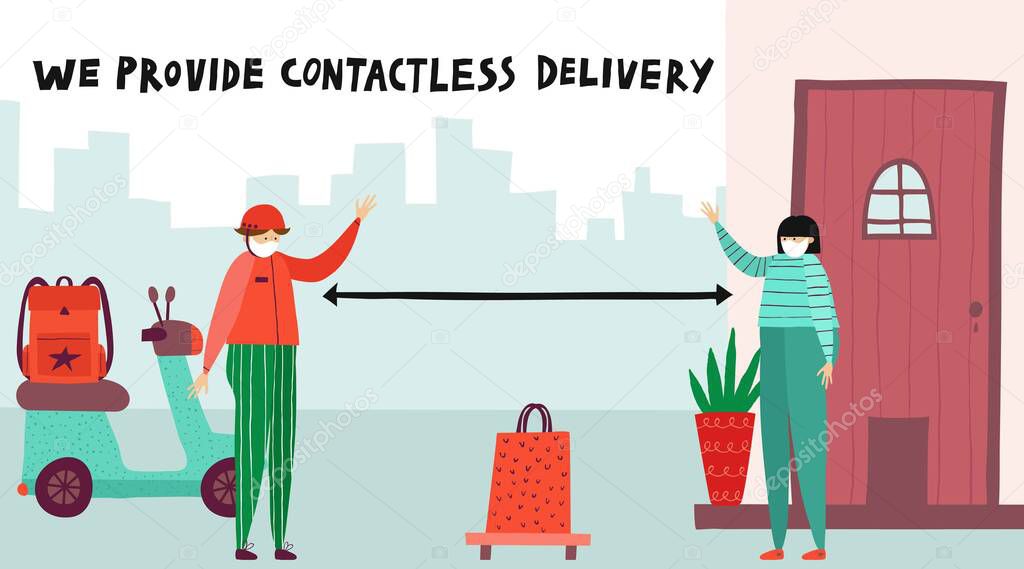 Contactless delivery concept. Two people in protective masks standing in safe distance of each other. Courier leaves delivery at doorstep of woman's house.Hand drawn vector illustration.
