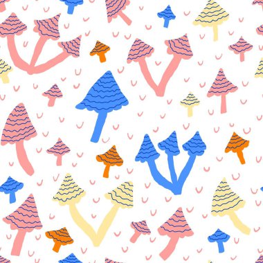 Renkli mantarlı, pürüzsüz bir desen. Karalama çizimleri beyaz arkaplanda izole edilmiş. Tekstil, kumaş, ambalaj kağıdı ve kart için eğlence arkaplanı tasarımı. Stok vektör illüstrasyonu.