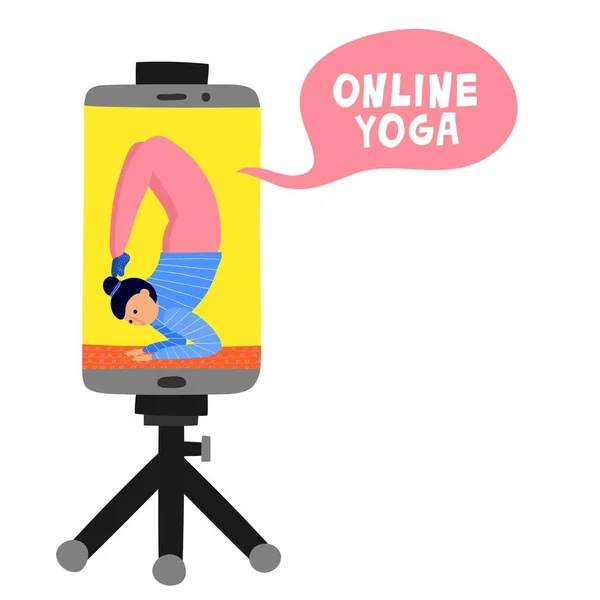 İnternetteki yoga konsepti. Yoga pozu veren beyaz bir kadın. Canlı yayın egzersizi. Cep telefonu tripoda. Beyaz arka planda izole edilmiş. Metnin için boş yer. Eğlenceli el çizimi vektör illüstrasyonu.