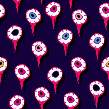 Gözü oyulmuş, korkunç, pürüzsüz bir desen. Cadılar bayramı arkaplanı elle çizilmiş. Tekstil, ambalaj kağıdı, duvar kağıdı, kumaş için korku tasarımı. Stok vektör illüstrasyonu.