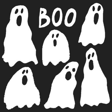 Karanlık arka planda izole edilmiş el yapımı hayaletler koleksiyonu. Çığlık atan beyaz hayalet. 