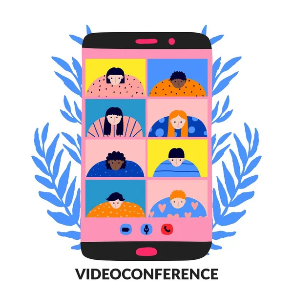 Συνέντευξη Βίντεο Από Κινητό Τηλέφωνο Ζωγράφισε Ανθρώπους Στην Οθόνη Επικοινωνία — Διανυσματικό Αρχείο