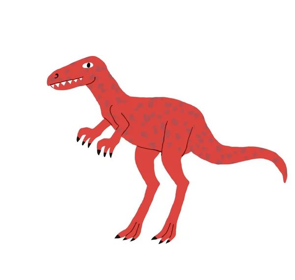 Beyaz arka planda izole edilmiş şirin bir tyrannosaur. Dişleri olan eğlenceli bir dinozor. Poster, kart, baskı için yaratıcı tasarım. Düz çizim. Elle çizilmiş stok vektör illüstrasyonu.