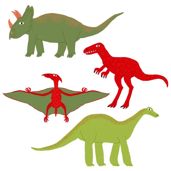 白い背景に孤立した恐竜のコレクションセット 面白い三頭竜類 ティラノサウルス ティタノサウルス 大きな野生の爬虫類 楽しいデザイン フラットスタイルの図面 ストックベクトルイラスト — ストックベクタ