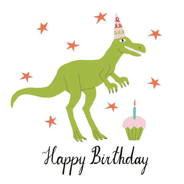Feliz Aniversário Cartão Saudação Com Dinossauro Verde Bonito Tiranossauro Com —  Vetores de Stock